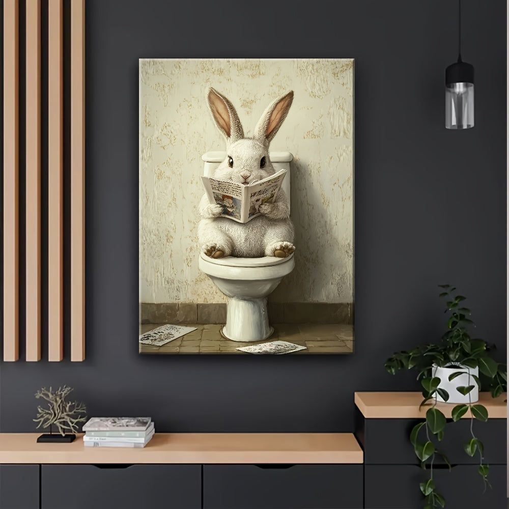 1pc Wooden Framed Canvas Painting, Rabbit in The Toilet Reading Newspaper Painting, Wall Decoration Art, Suitable for Anniversary, Home And Living Room Decoration Painting, Beautiful Wall Decoration